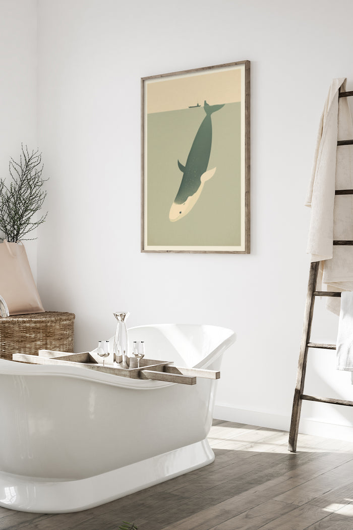 Minimalist styled poster with a whale and an airplane in contrasting scales displayed in a modern bathroom setting