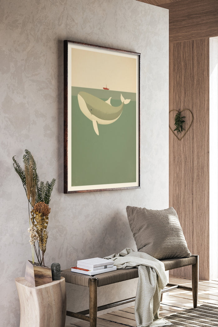 Minimalist Whale Poster Art on Wall in Modern Home Decor