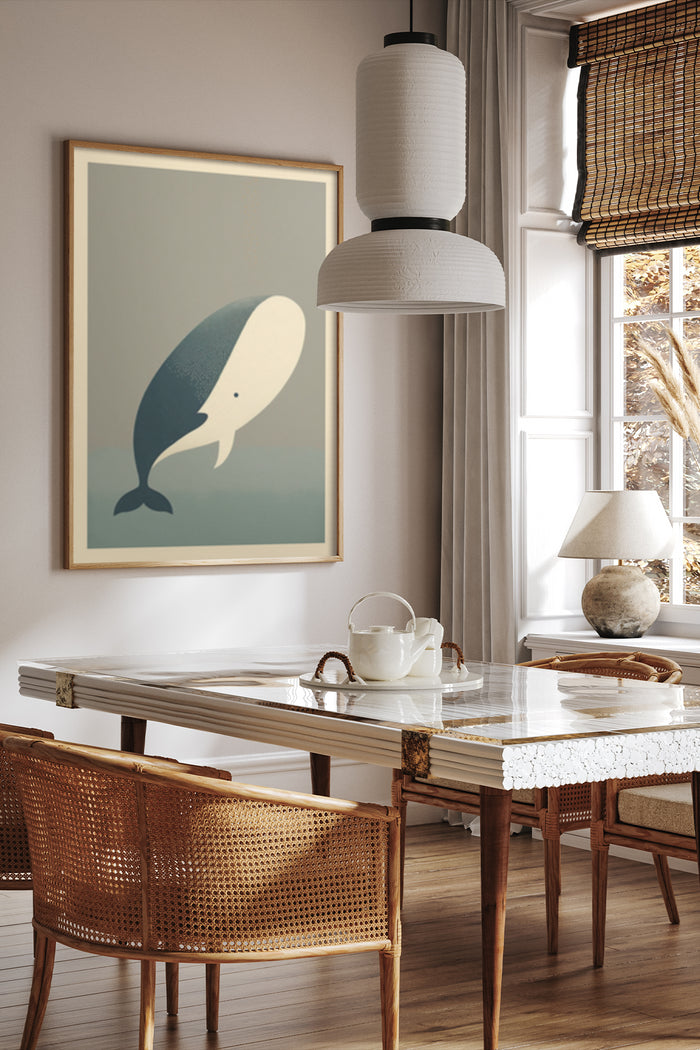 Minimalist whale poster in stylish interior design setting with modern furniture