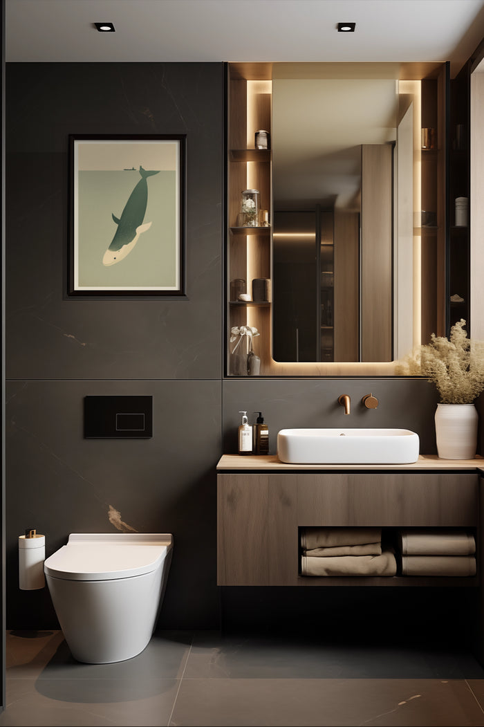 Minimalist whale artwork poster displayed in a contemporary bathroom interior