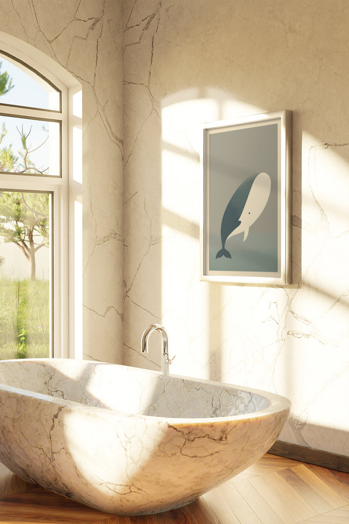 Minimalist whale poster art displayed above an elegant marble bathtub in a contemporary bathroom setting with sunlight