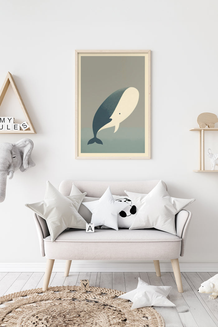Minimalist whale artwork poster in a contemporary living room setting