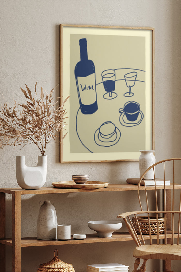 Minimalist wine bottle and coffee cups line art poster in interior setting