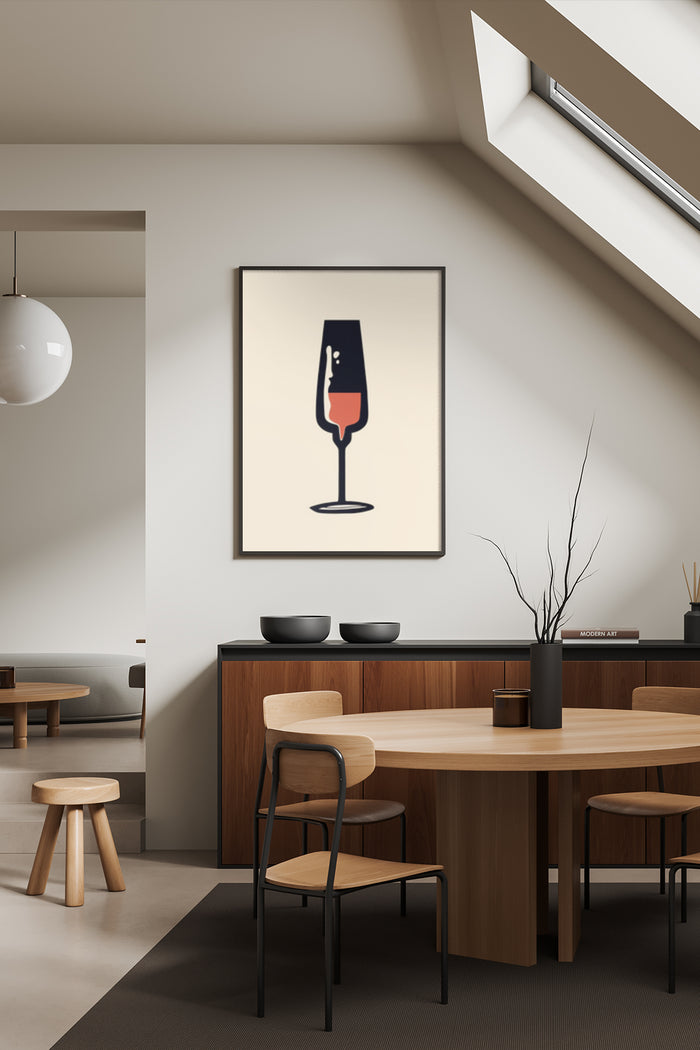 Minimalist wine glass artwork displayed in a contemporary dining room setting