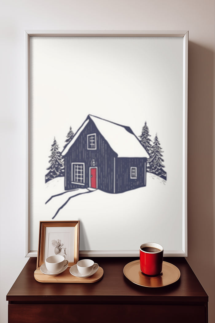 Minimalist black and white winter cabin poster art displayed in a modern room