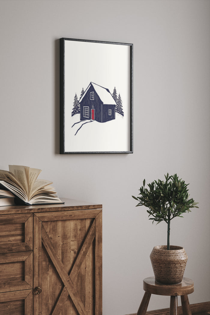 Minimalist winter cabin poster art displayed on wall