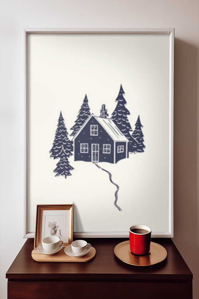 Stylized minimalist artwork of a winter cabin surrounded by pine trees in a framed poster