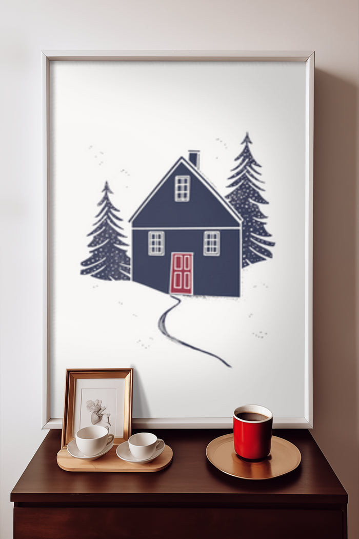 Minimalist winter house and pine trees art poster design displayed in room