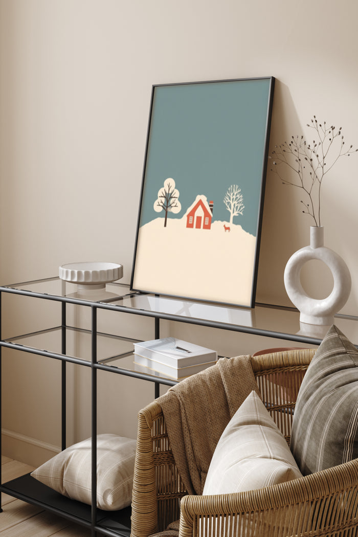 Stylish minimalist winter landscape poster with small house and bare trees in modern home interior