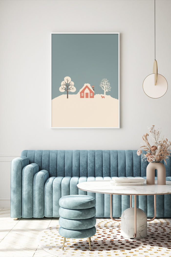 Minimalist winter landscape with a red house and bare trees poster artwork in modern living room