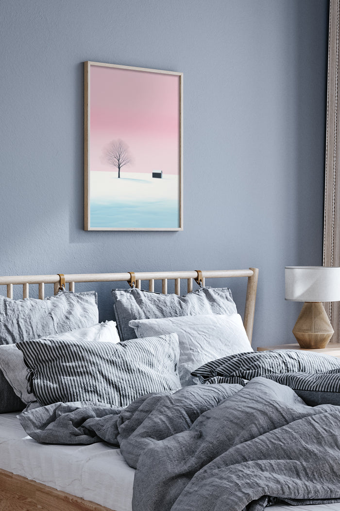 Minimalist winter landscape poster with a single tree and small house in pastel colors as bedroom wall decor