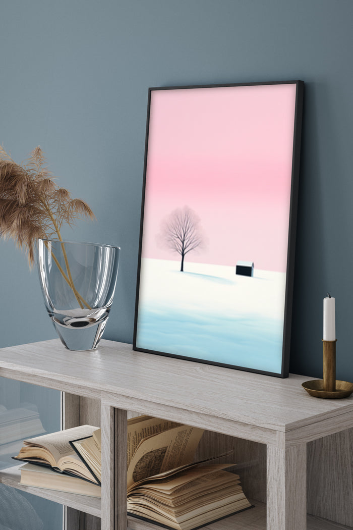 Minimalist winter landscape poster with single tree and small house in pastel colors framed on a sideboard