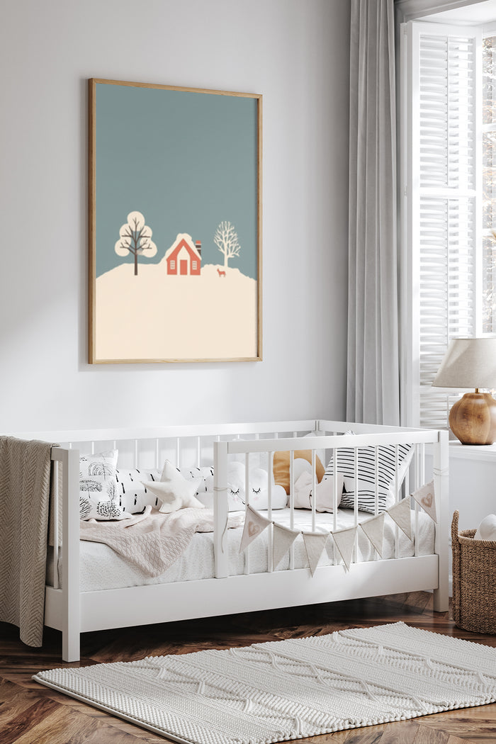 Minimalist winter landscape artwork with red house and trees, framed and mounted on nursery room wall