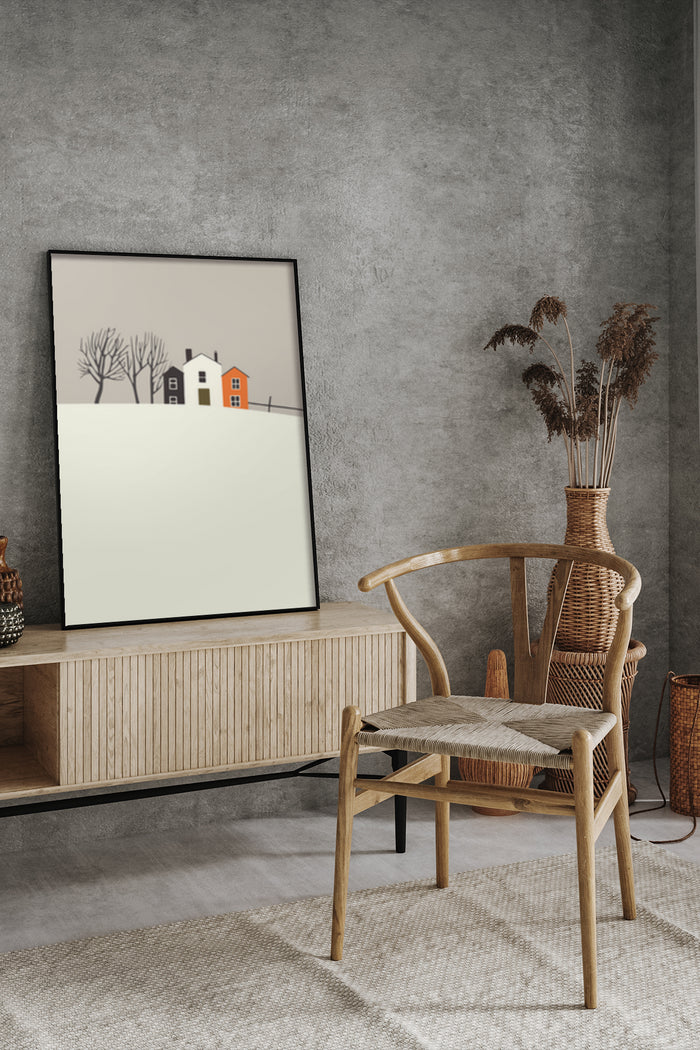 Minimalist winter landscape poster in modern interior design setting with stylish chair and sideboard