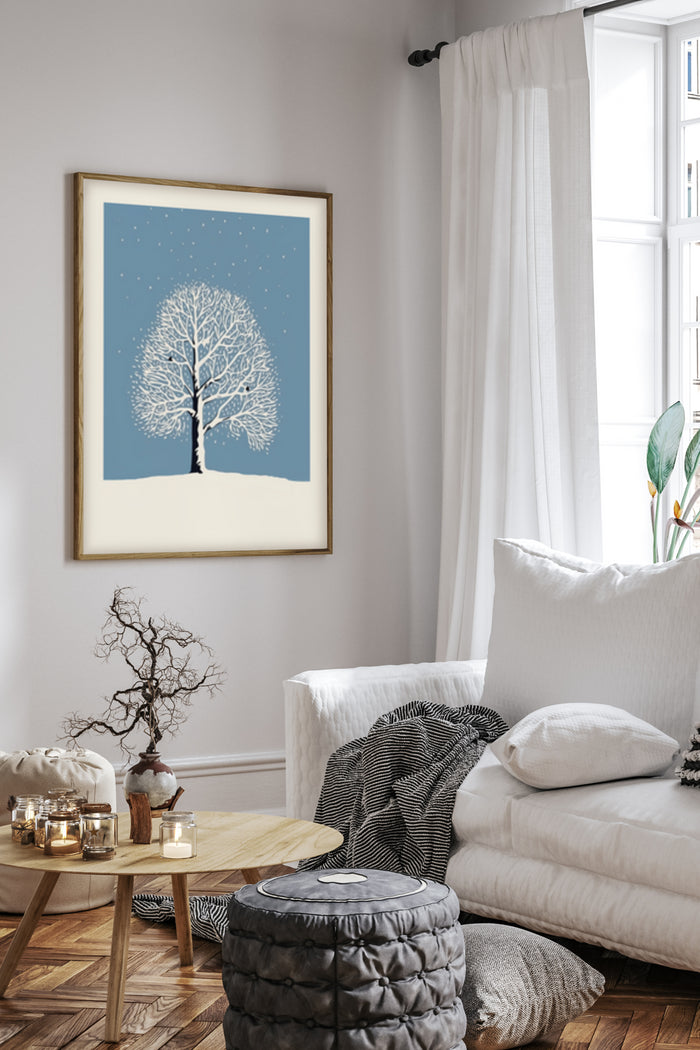 Minimalist winter tree artwork poster framed in living room interior design setting