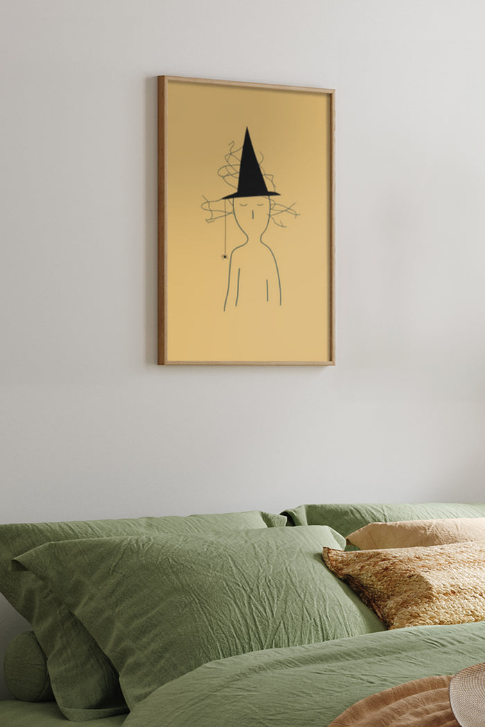 Minimalist Witch Line Art Poster in Bedroom Decor Setting