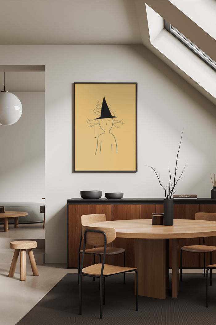 Minimalist Witch Line Drawing Artwork in Stylish Dining Room Decor