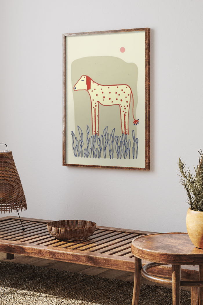 Abstract red-spotted dog illustration art poster in home decor setting