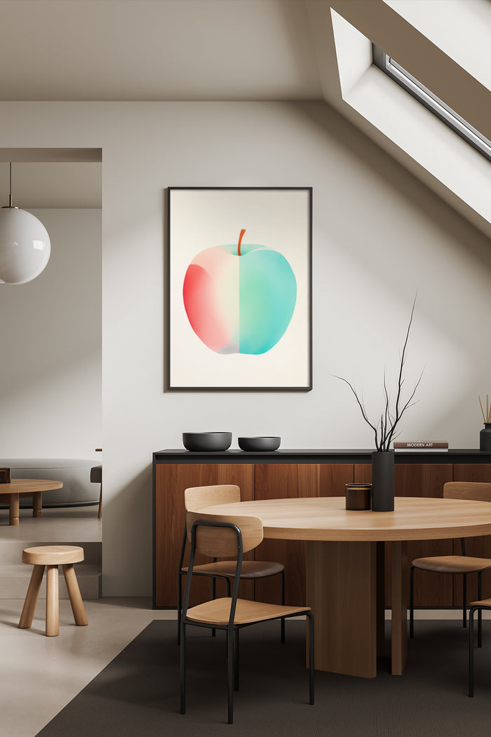 Abstract colorful apple poster framed on the wall in a modern dining room interior