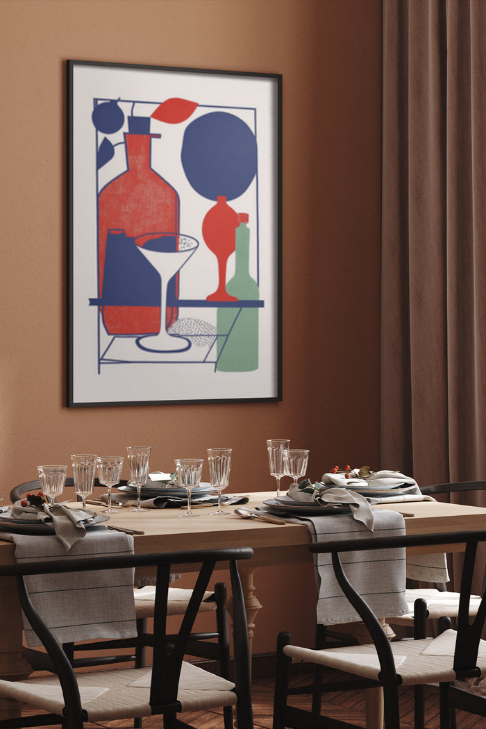 Contemporary abstract artwork featuring geometric shapes and bottles in a stylish dining room setting