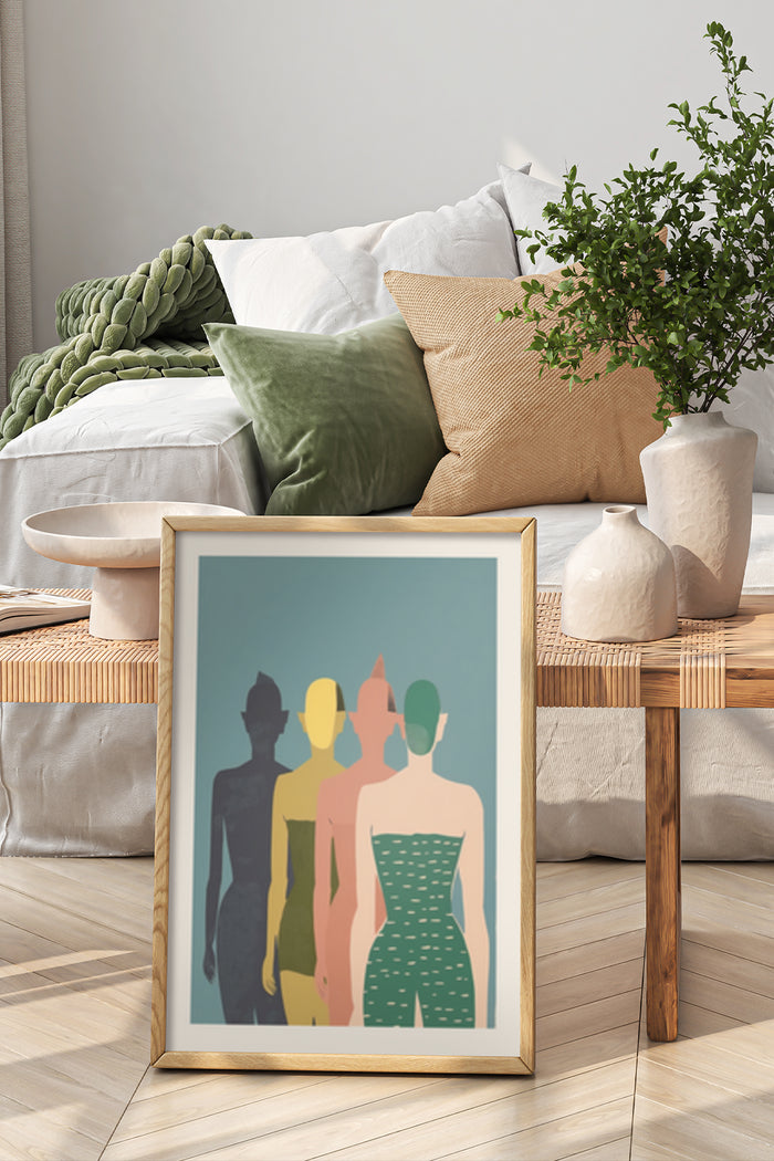 Abstract illustration of three people in a modern art poster framed in a stylish interior