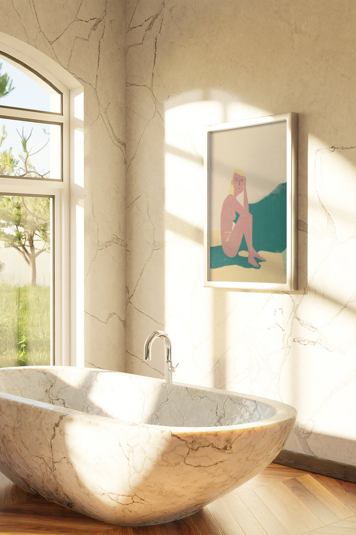 Abstract art poster featuring a figure on the beach, displayed in a contemporary bathroom with natural light