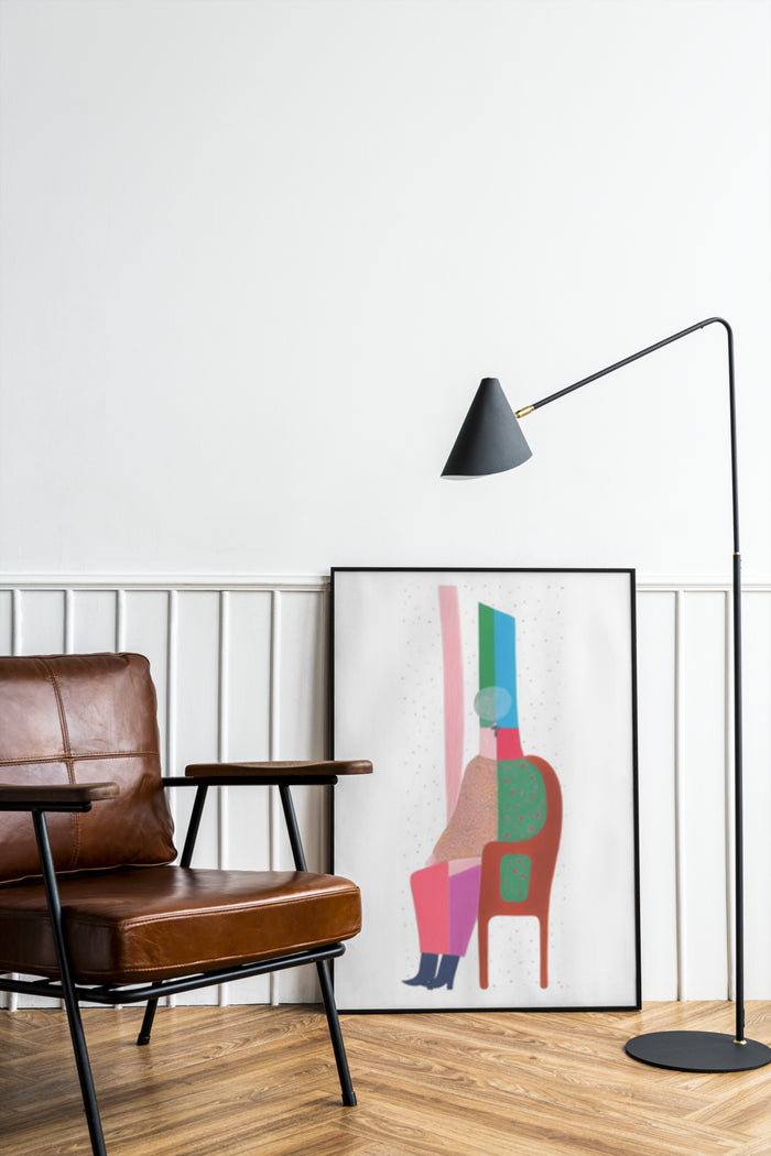 Contemporary abstract artwork poster displayed in a modern minimalist living room setting