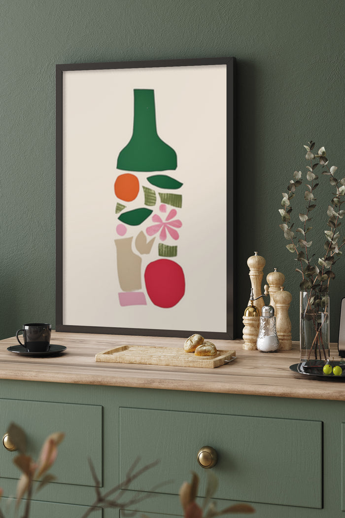 Modern abstract still life art poster featuring vases and botanical elements in a stylish kitchen interior