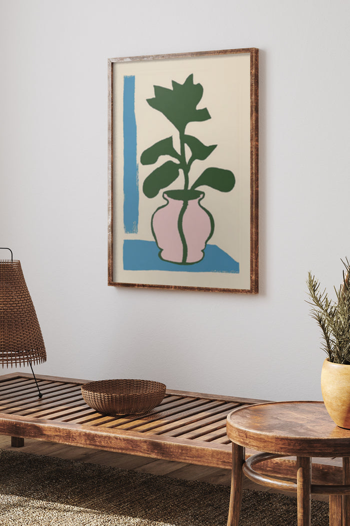 Stylish interior with modern abstract botanical art poster featuring a silhouette of a plant in a pink vase