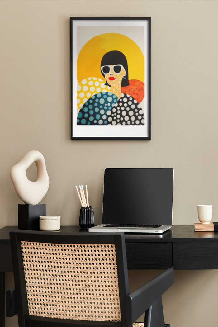 Stylish modern abstract art poster featuring a woman silhouette with sunglasses and polka dot pattern in home office decor