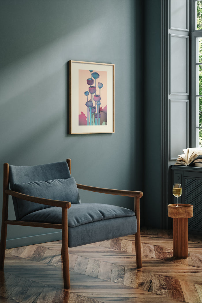 Contemporary abstract painting poster framed on wall above wooden chair in stylish interior design setting