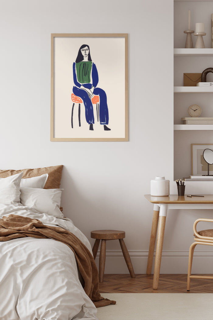 Stylish bedroom interior with a modern abstract art poster featuring a seated figure