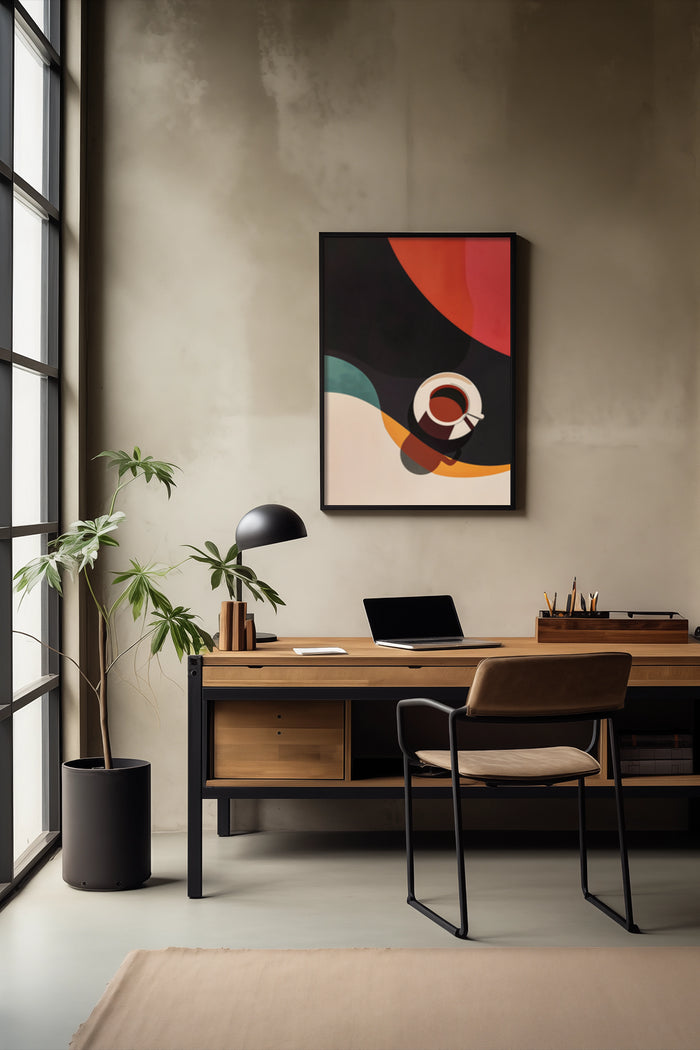 Contemporary abstract painting poster in stylish workspace with laptop on desk