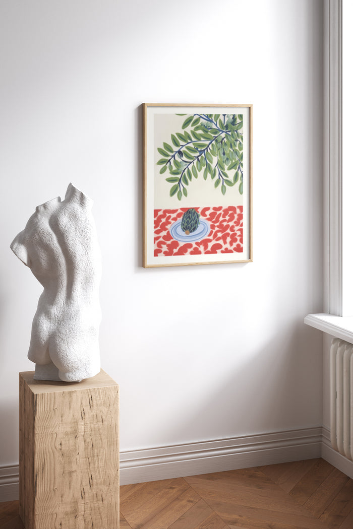 Modern abstract poster featuring an olive branch and blue ceramic on a red patterned background in a stylish room