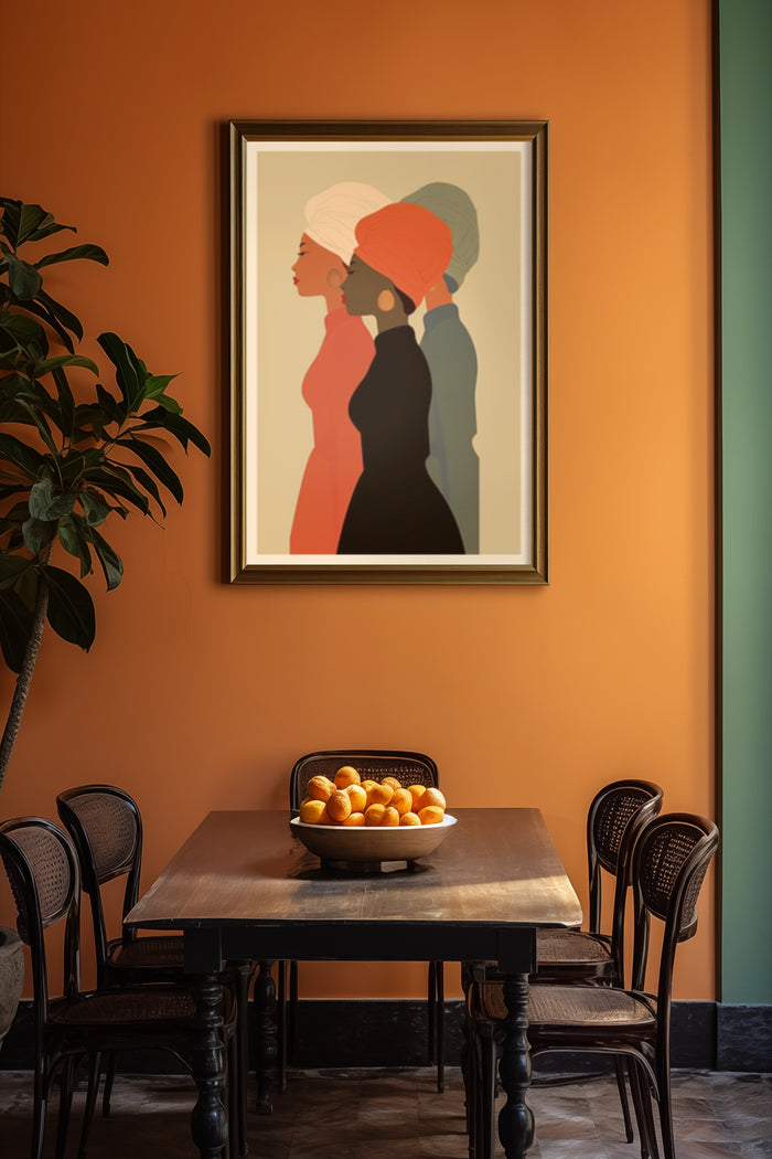 Modern abstract art poster depicting profiles of three persons in warm tones, displayed in a contemporary dining room