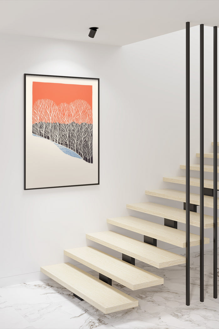 Contemporary art poster featuring red tree canopy and blue stream in a gallery setting