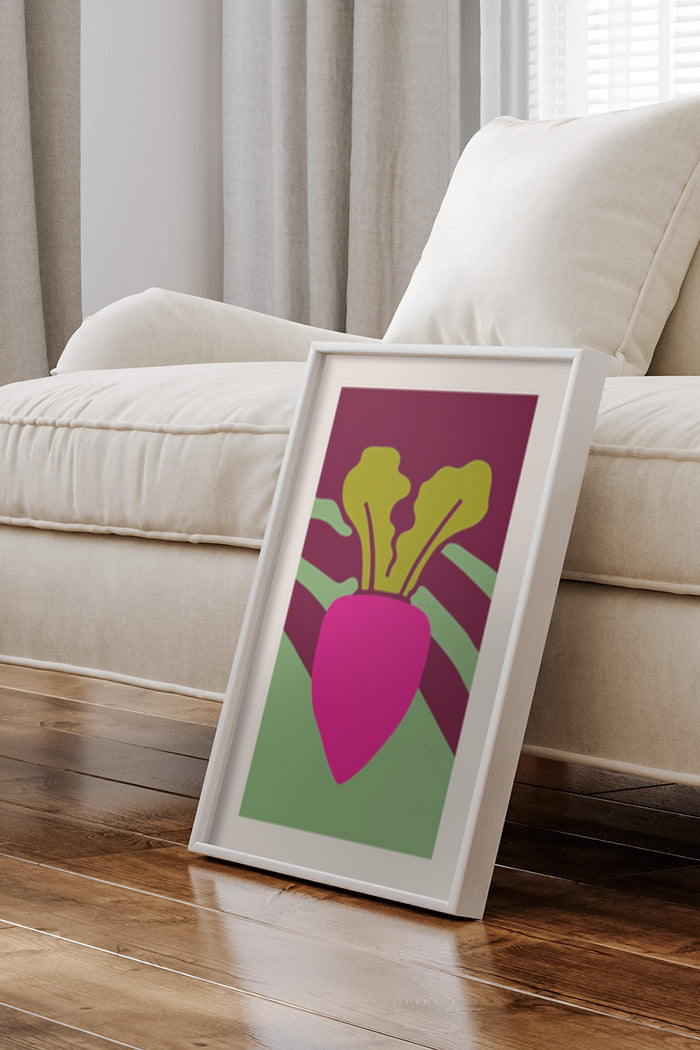 Colorful modern abstract beetroot design poster in home interior setting