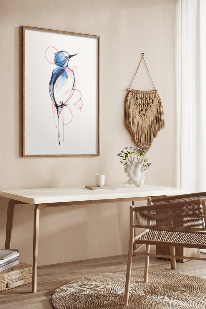 Contemporary abstract bird painting in a chic interior setting with wooden furniture and decorative macrame wall hanging