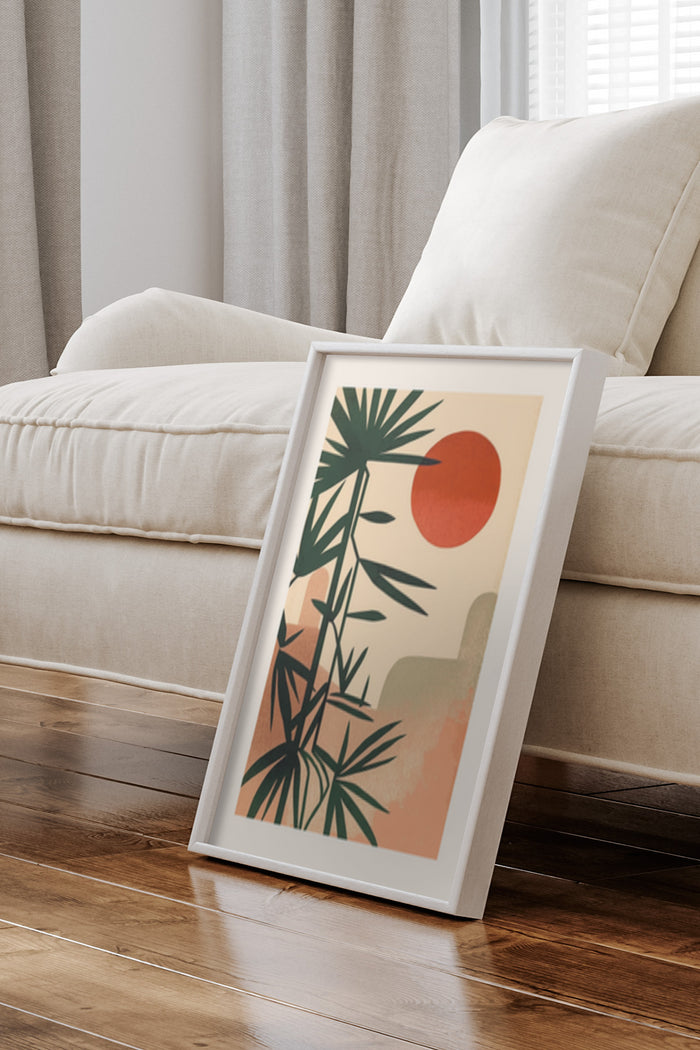 Modern abstract botanical art poster featuring warm earth tones and plant silhouettes displayed in a home interior setting