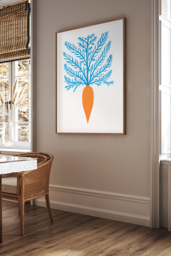 Modern abstract art poster depicting a stylized carrot with blue leaves in a chic home interior