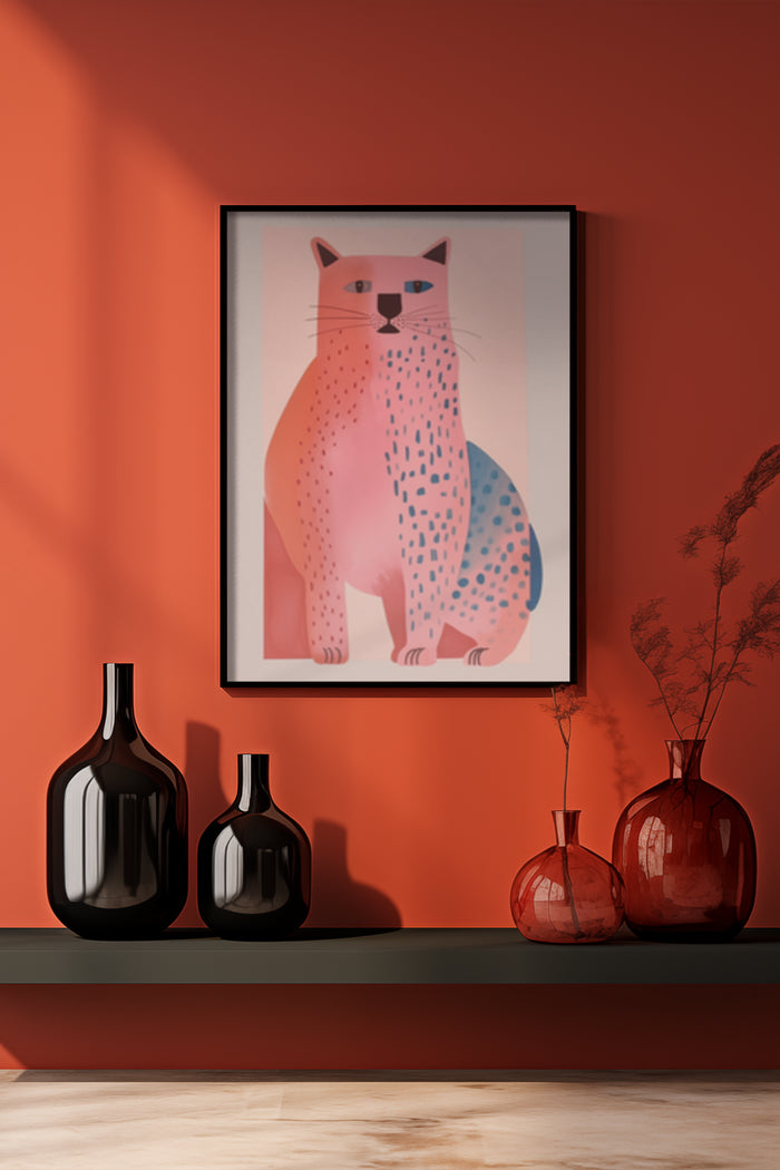 Contemporary abstract cat illustration poster in interior setting