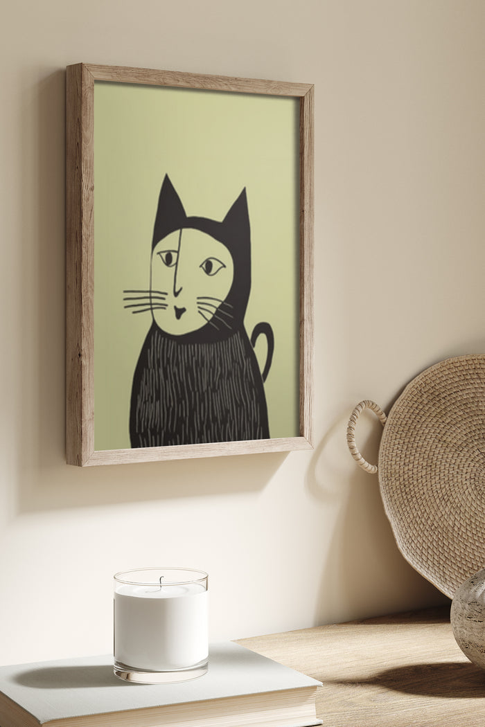 Framed abstract cat artwork in modern interior setting