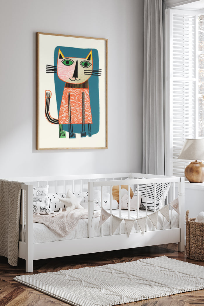 Abstract geometric cat illustration in a cozy modern bedroom setting