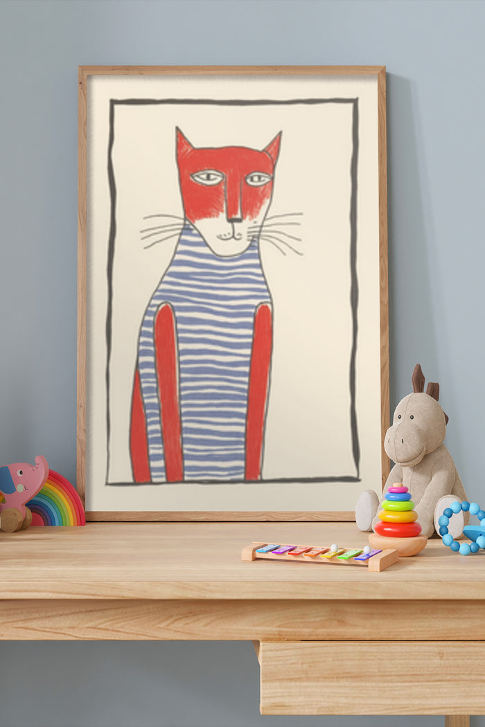 Red and blue striped cat modern abstract art poster in children's playroom setting