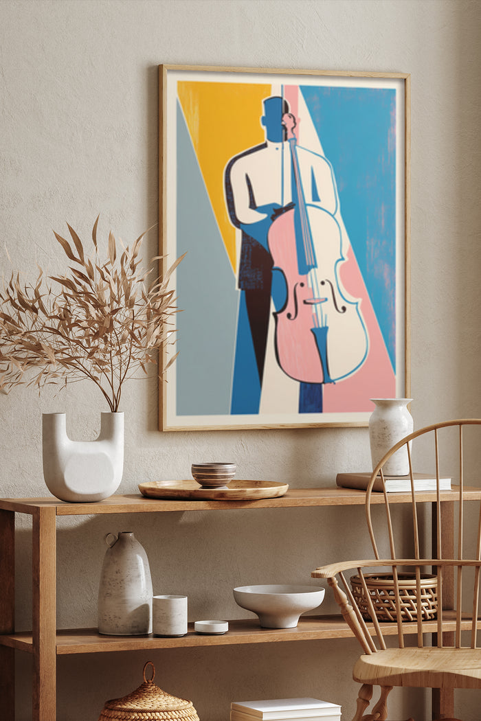 Abstract modern artwork of cellist with colorful geometric shapes displayed in a stylish room setting