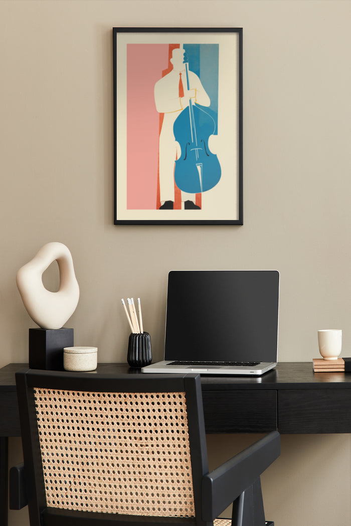 Modern abstract cello artwork on poster in stylish home office with laptop and desk accessories