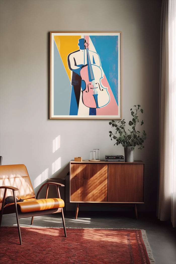 Abstract modern artwork of a cello player in a colorful poster format displayed in a stylish interior setting