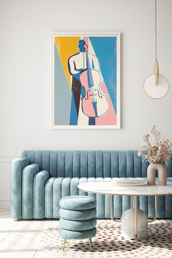 Abstract modern poster of a cello player in a stylish interior setting