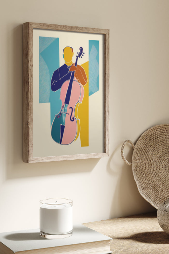 Colorful abstract illustration of a cellist on a modern poster framed on a wall
