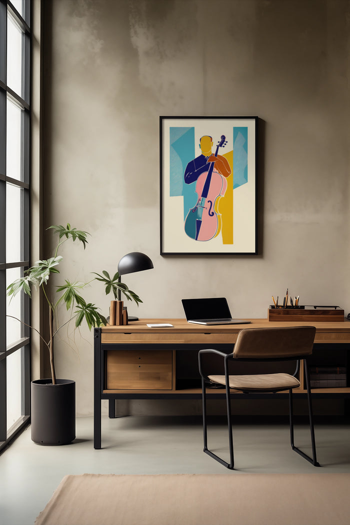 Abstract colorful cello player artwork on poster in contemporary office setting with desk and laptop